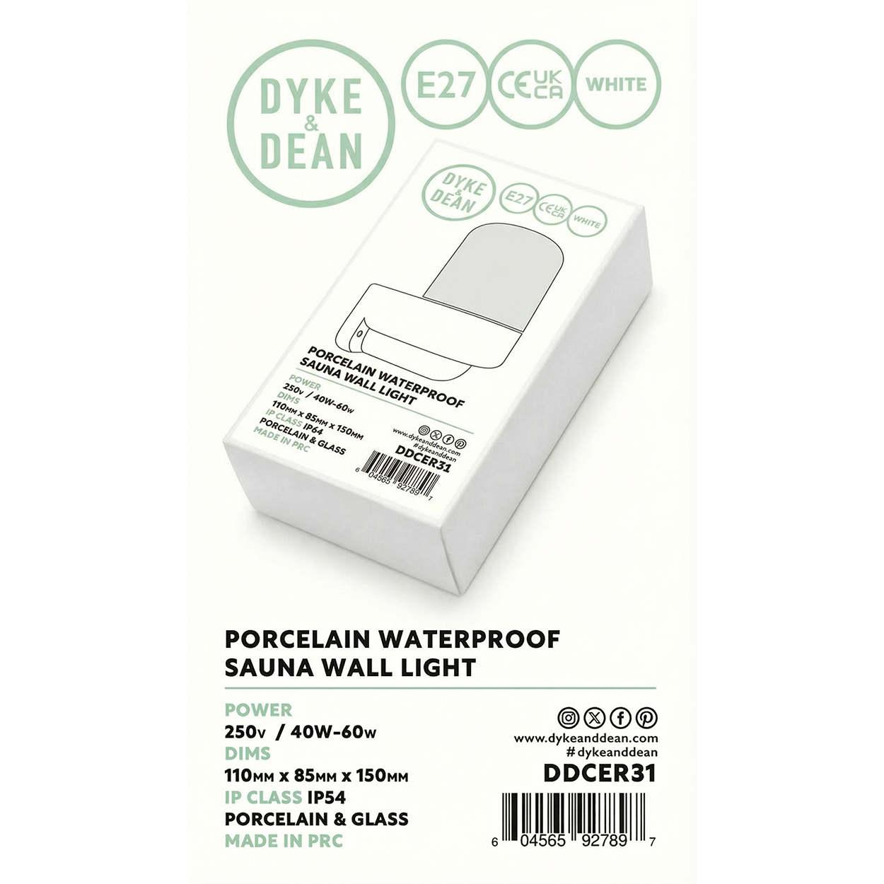 WHITE CLEAR PORCELAIN WATERPROOF SAUNA WALL LIGHT