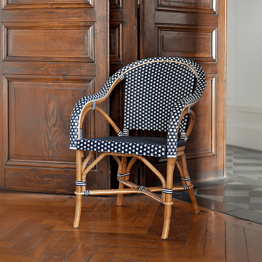 BISTRO RATTAN ARMCHAIR SQUARES BLACK WHITE - DYKE & DEAN