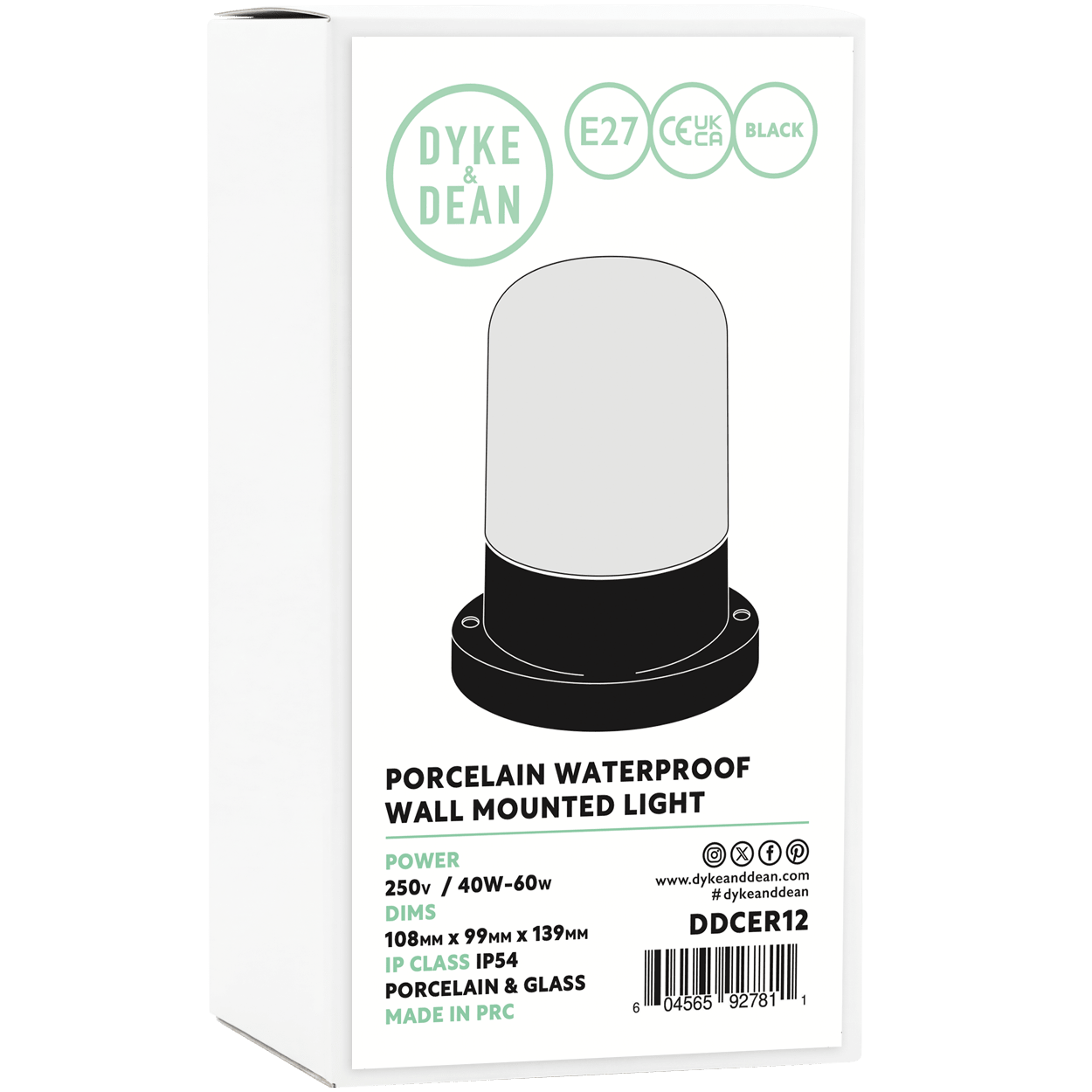 BLACK PORCELAIN FROSTED WATERPROOF WALL LIGHT - DYKE & DEAN