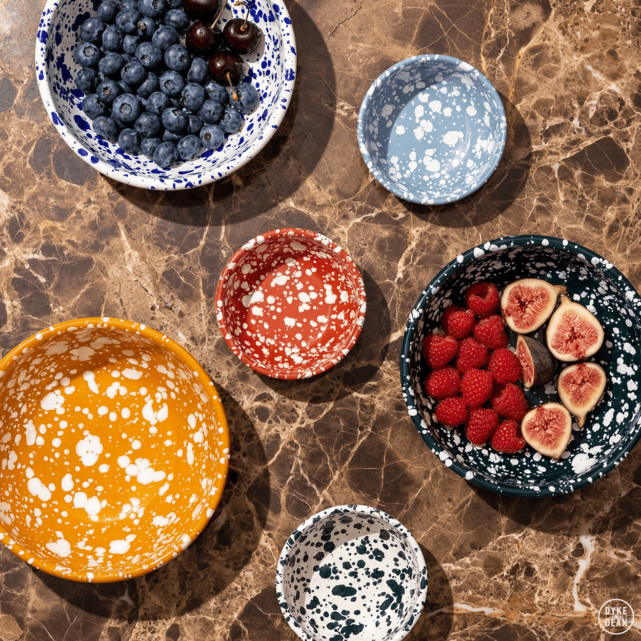 CREAM & BLUE LARGE SPLATTER ENAMEL BOWL - DYKE & DEAN