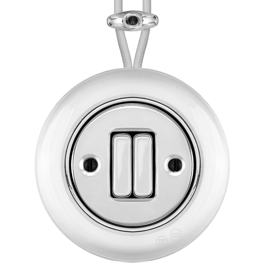 PORCELAIN KATY PATY COLONA ROUND SURFACE MOUNTED DOUBLE SLIM BUTTON SWITCH CHROME - DYKE & DEAN