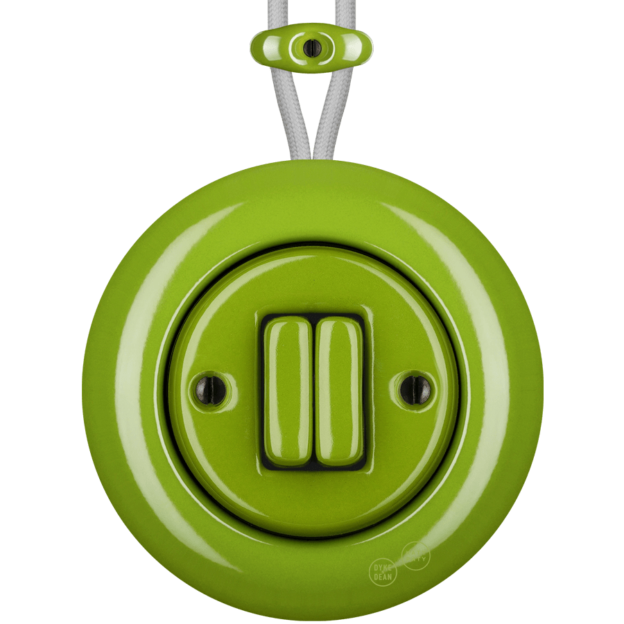 PORCELAIN KATY PATY COLONA ROUND SURFACE MOUNTED DOUBLE SLIM BUTTON SWITCH GREEN - DYKE & DEAN