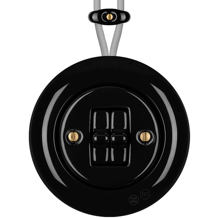PORCELAIN KATY PATY COLONA ROUND SURFACE MOUNTED DOUBLE TOGGLE BUTTON SWITCH BLACK - DYKE & DEAN