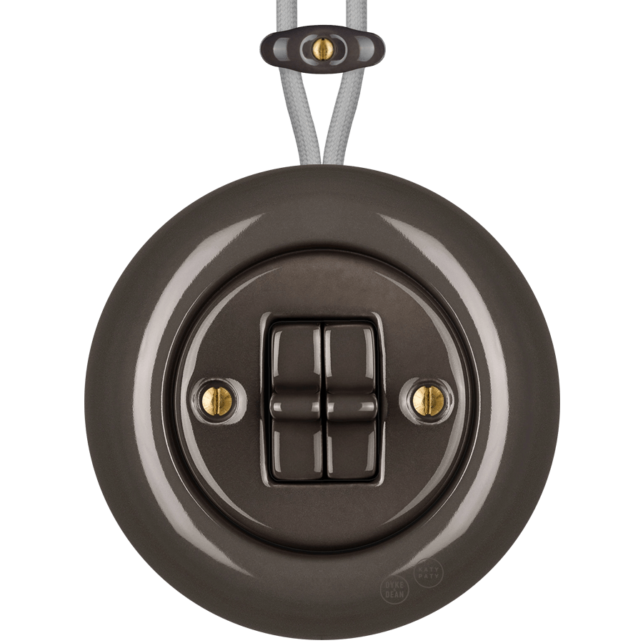 PORCELAIN KATY PATY COLONA ROUND SURFACE MOUNTED DOUBLE TOGGLE BUTTON SWITCH BROWN - DYKE & DEAN