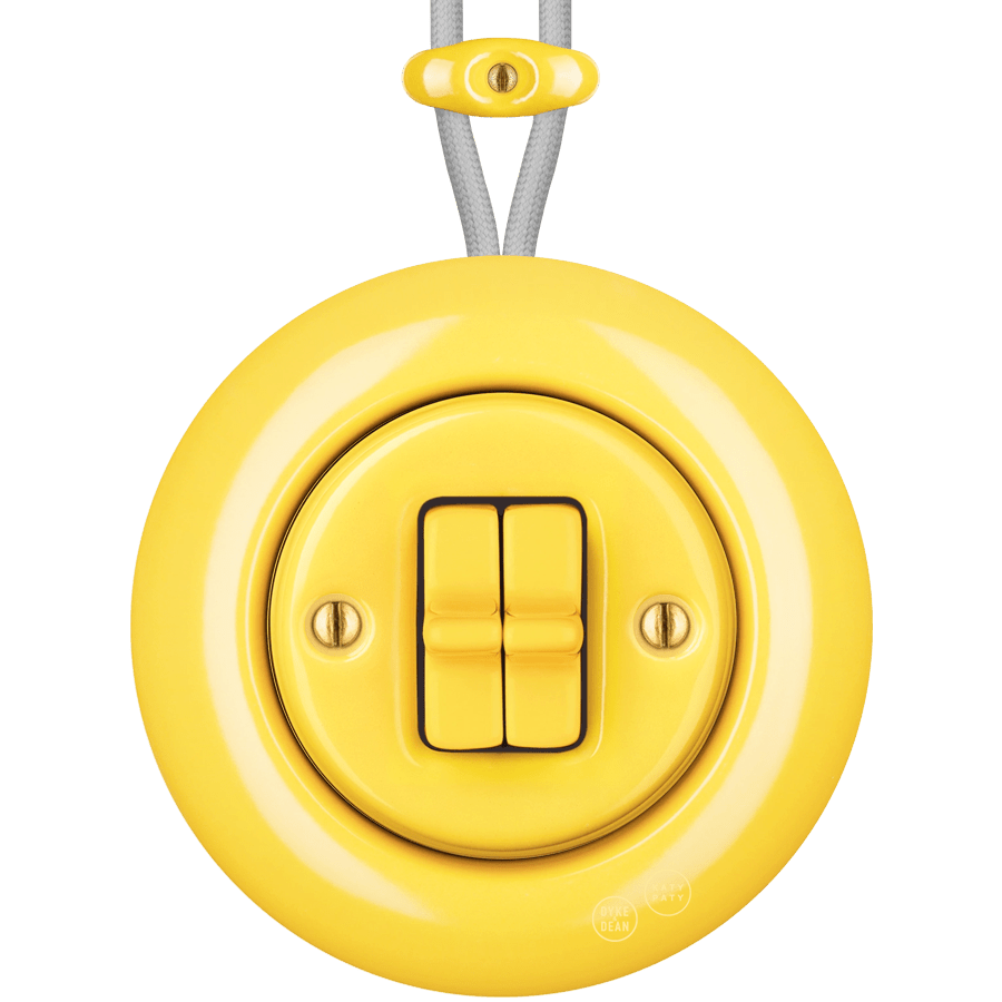 PORCELAIN KATY PATY COLONA ROUND SURFACE MOUNTED DOUBLE TOGGLE BUTTON SWITCH YELLOW - DYKE & DEAN