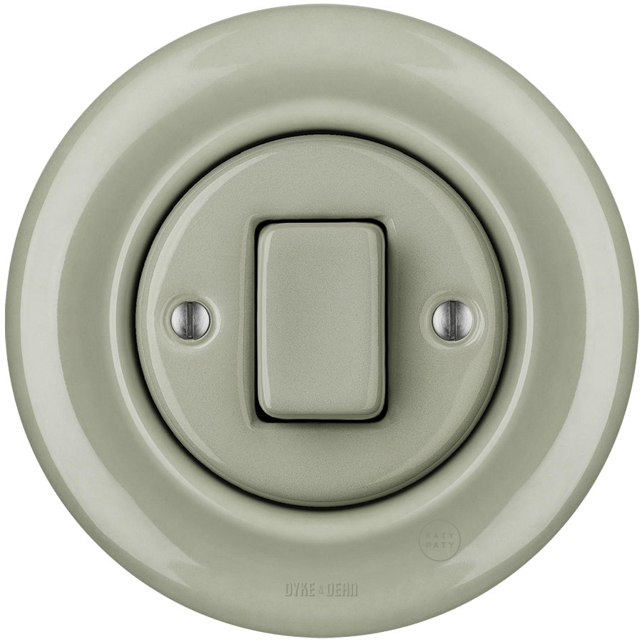 PORCELAIN WALL LIGHT SWITCH GREY GREEN FAT BUTTON - DYKE & DEAN