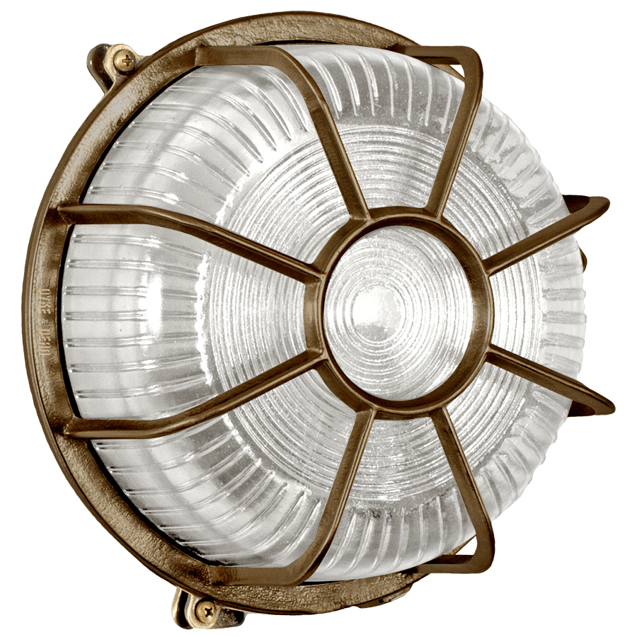 ROUND CAGED BRUSHED BRASS BULKHEAD LAMP - DYKE & DEAN