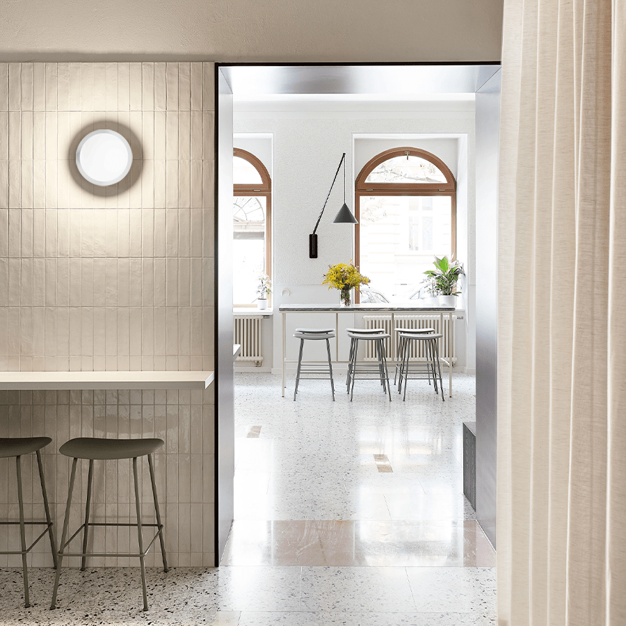 WHITE BORRA WATERPROOF GLOBE DISC OPAL GLASS WALL LIGHT - DYKE & DEAN