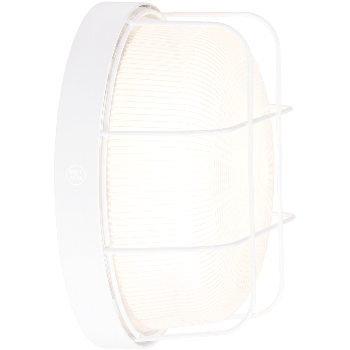 WHITE CAGED INDUSTRIAL ROUND WALL & CEILING BULKHEAD LIGHT - DYKE & DEAN