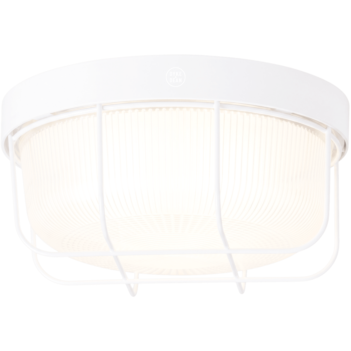 WHITE CAGED INDUSTRIAL ROUND WALL & CEILING BULKHEAD LIGHT - DYKE & DEAN