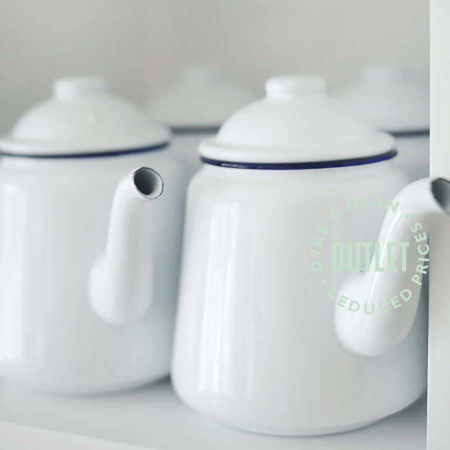 WHITE ENAMEL TEAPOT WITH RED RIM OUTLET - DYKE & DEAN