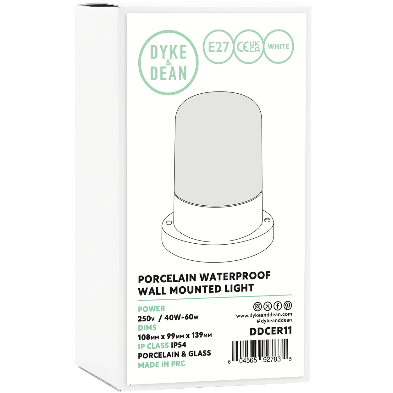 WHITE PORCELAIN CLEAR WATERPROOF WALL LIGHT - DYKE & DEAN