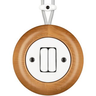 WOODEN PORCELAIN SURFACE MOUNTED FAGUS DOUBLE SLIM BUTTON SWITCH - DYKE & DEAN