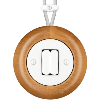 WOODEN PORCELAIN SURFACE MOUNTED FAGUS DOUBLE SLIM BUTTON SWITCH - DYKE & DEAN