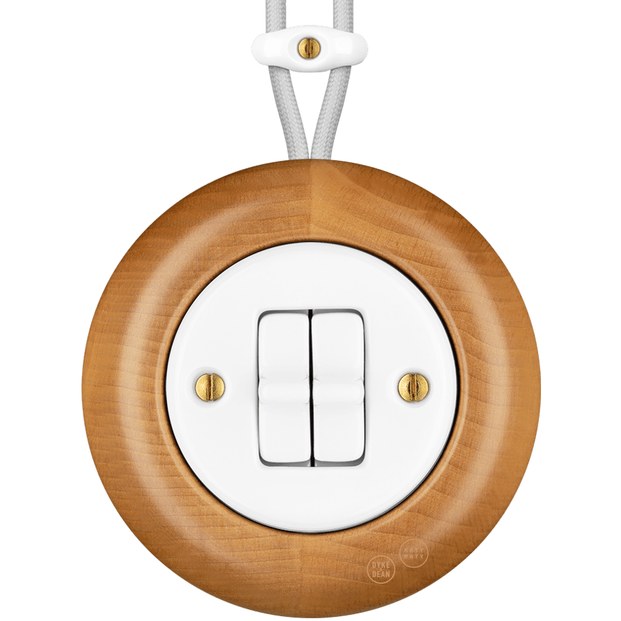 WOODEN PORCELAIN SURFACE MOUNTED FAGUS DOUBLE TOGGLE SWITCH - DYKE & DEAN