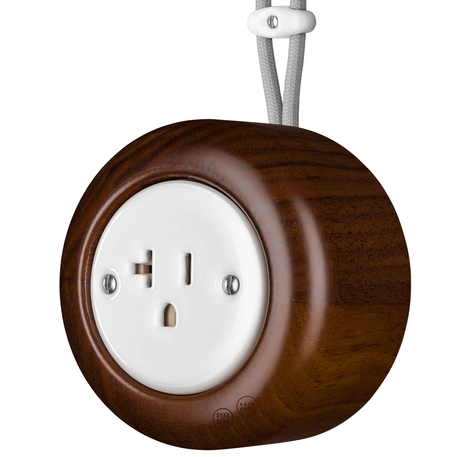 WOODEN PORCELAIN SURFACE MOUNTED NUC MAG SOCKET USA 20AMP - DYKE & DEAN