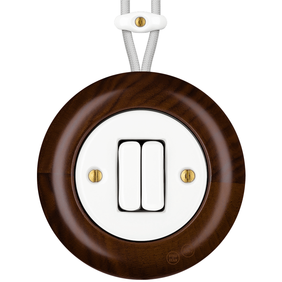 WOODEN PORCELAIN SURFACE MOUNTED NUCLEUS DOUBLE SLIM BUTTON SWITCH - DYKE & DEAN