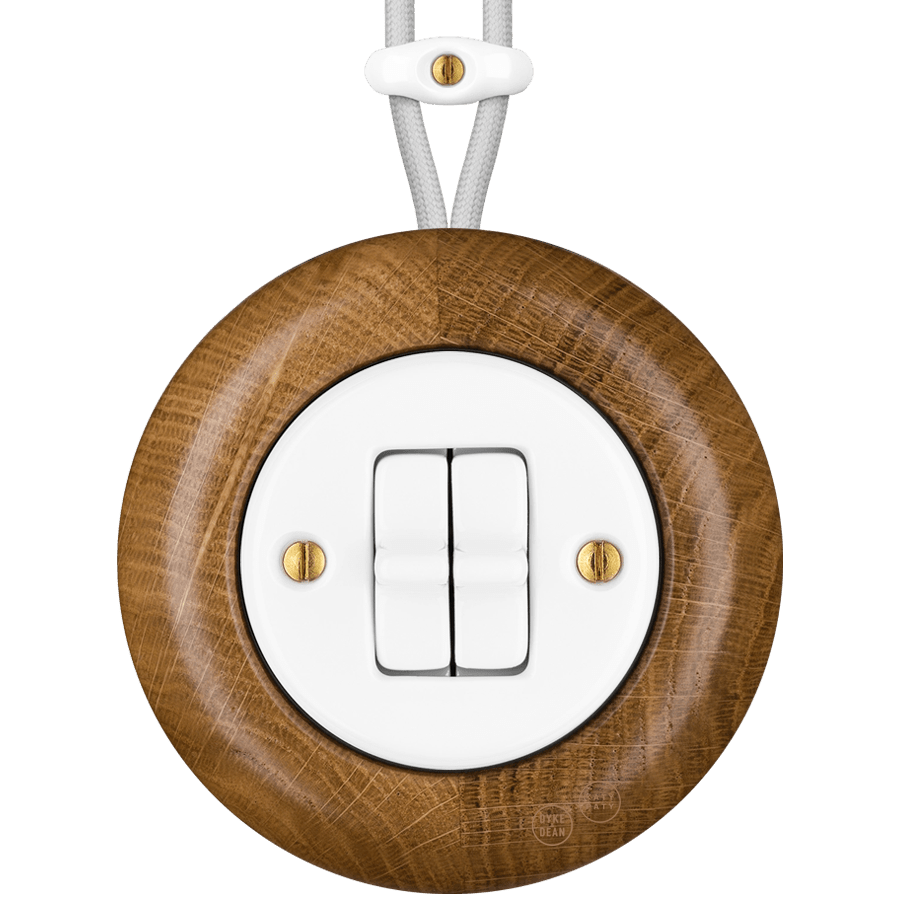 WOODEN PORCELAIN SURFACE MOUNTED ROBUS DOUBLE TOGGLE SWITCH - DYKE & DEAN