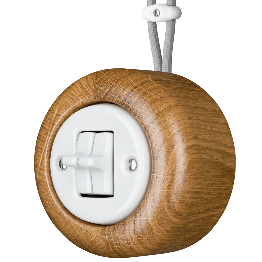 WOODEN PORCELAIN SURFACE MOUNTED ROBUS DOUBLE TOGGLE SWITCH - DYKE & DEAN