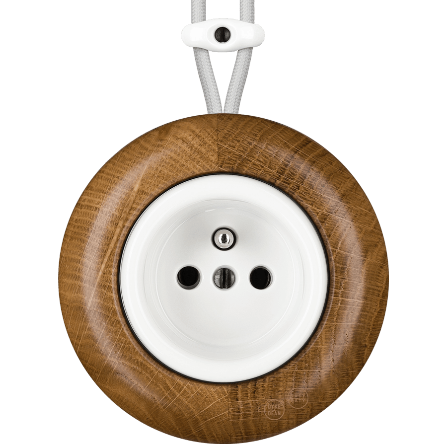 WOODEN PORCELAIN SURFACE MOUNTED ROBUS EURO PIN SOCKET - DYKE & DEAN