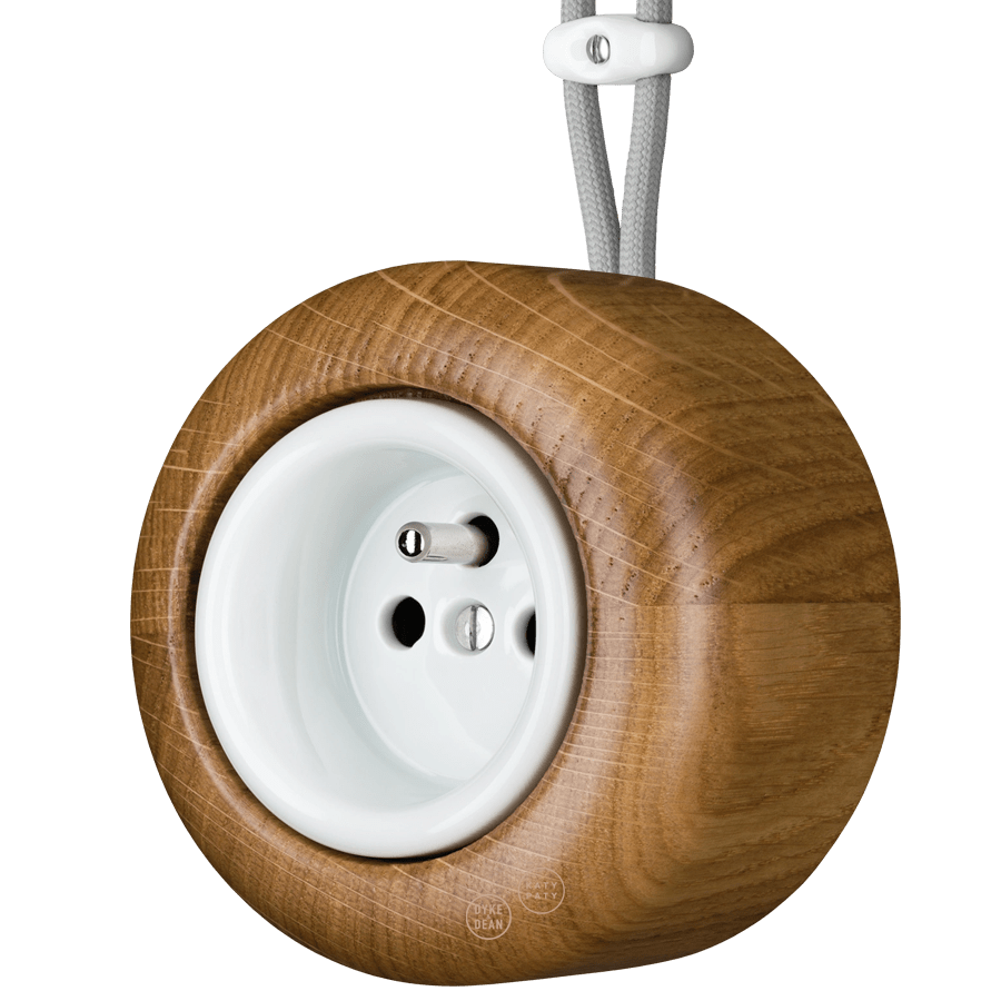 WOODEN PORCELAIN SURFACE MOUNTED ROBUS EURO PIN SOCKET - DYKE & DEAN