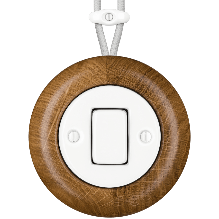 WOODEN PORCELAIN SURFACE MOUNTED ROBUS FAT BUTTON SWITCH - DYKE & DEAN