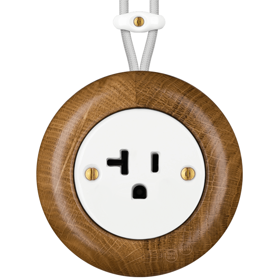 WOODEN PORCELAIN SURFACE MOUNTED ROBUS SOCKET USA 20AMP - DYKE & DEAN