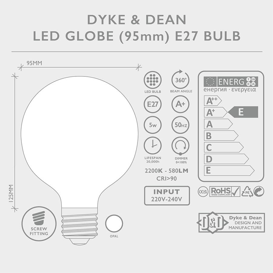 DYKE & DEAN LED OPAL GLOBE 95MM E27 BULB - DYKE & DEAN