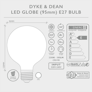 DYKE & DEAN LED OPAL GLOBE 95MM E27 BULB - DYKE & DEAN