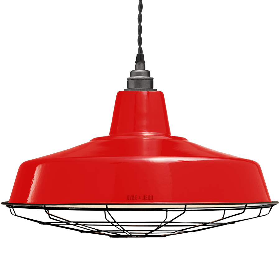 LARGE RED ENAMEL SHADE CAGED - DYKE & DEAN