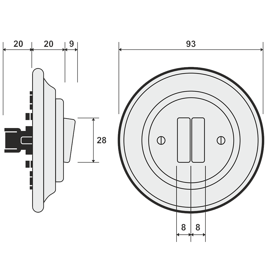 PORCELAIN WALL LIGHT SWITCH CHROME DOUBLE - DYKE & DEAN