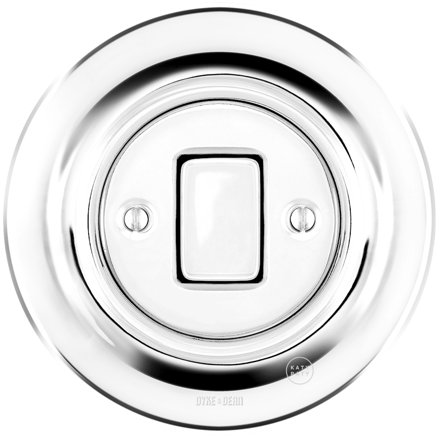 PORCELAIN WALL LIGHT SWITCH CHROME FAT BUTTON - DYKE & DEAN