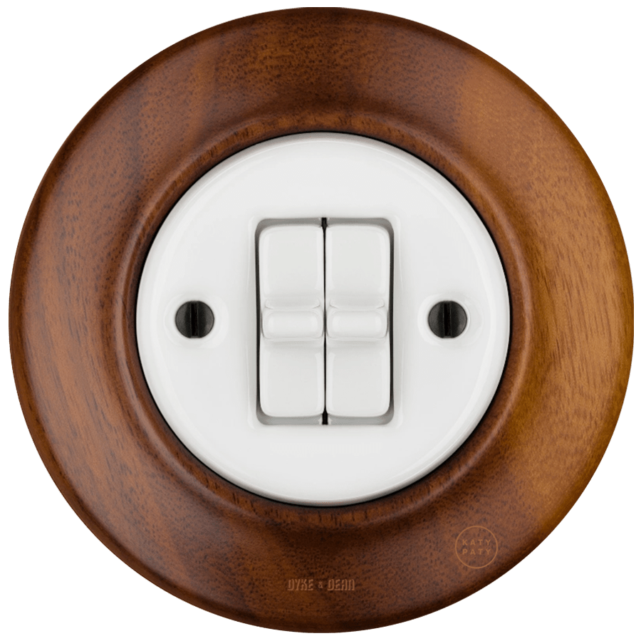 WOODEN PORCELAIN WALL LIGHT SWITCH NUTMAG 2 TOGGLE - DYKE & DEAN