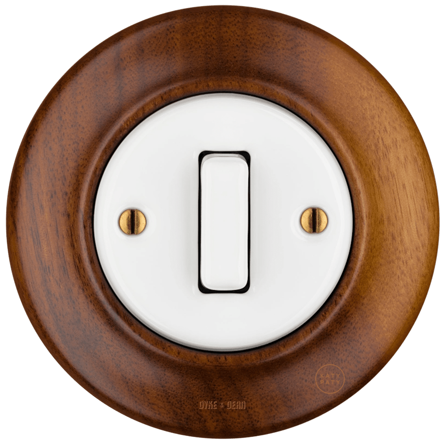 WOODEN PORCELAIN WALL LIGHT SWITCH NUTMAG SLIM BUTTON - DYKE & DEAN