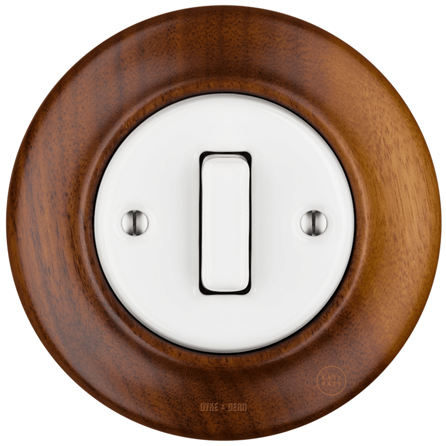 WOODEN PORCELAIN WALL LIGHT SWITCH NUTMAG SLIM BUTTON - DYKE & DEAN