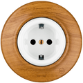 Robus schuko socket by Katy Paty with white porcelain centre and oak surround